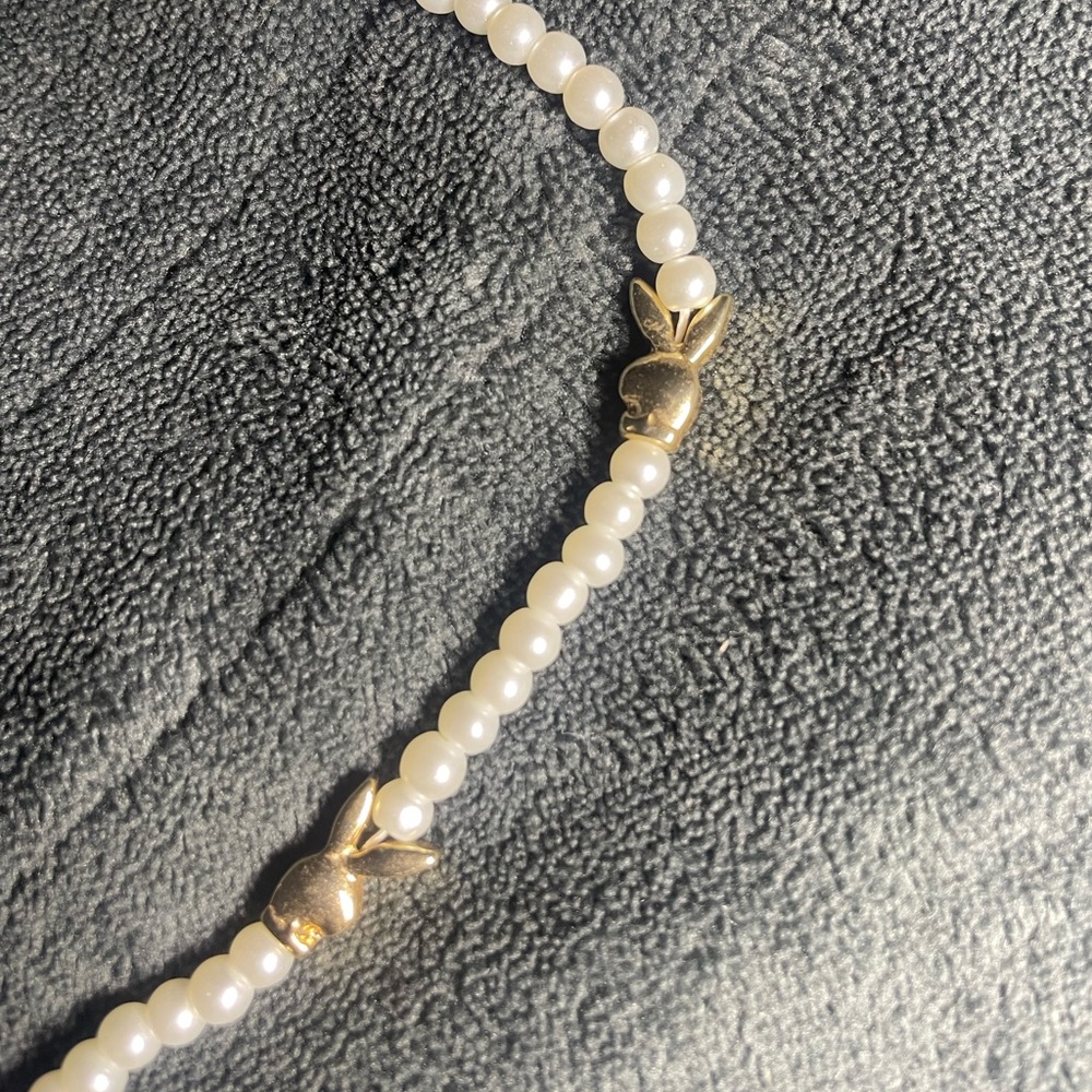White & Gold PlayBoy Bunny Pearl Choker Clasp Necklace